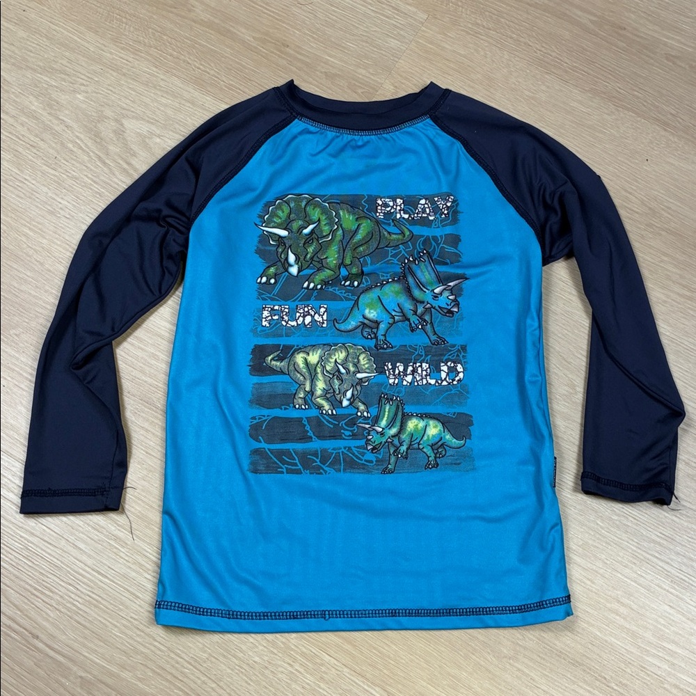 Distortion Blue Dinosaur Graphic Long Sleeve Rash Guard Swim Shirt 4